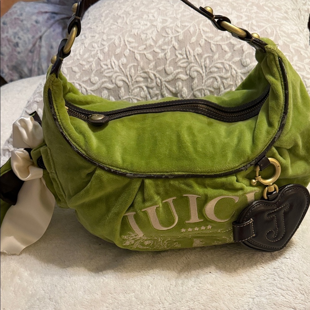 Vintage Y2K Juicy Couture Lime Green Velvet Shoulder Bag with Heart Charm & bows